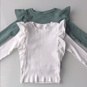 Zara Kids Ruffle Sleeve Tops - White and Green Sz 8